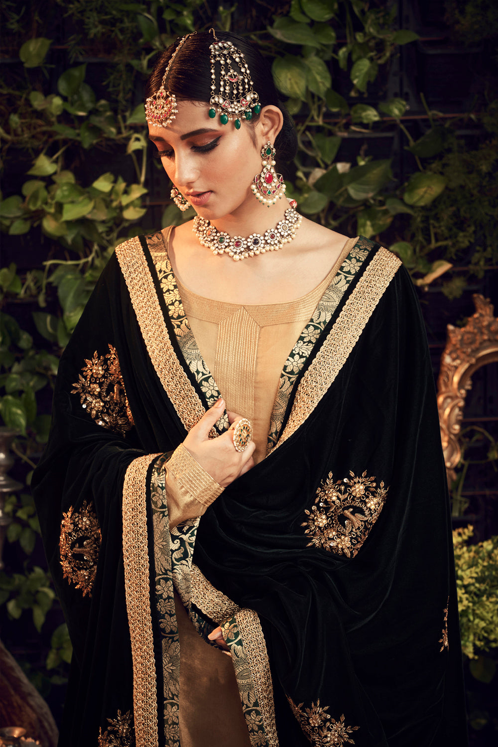 Oxidised Gold Garara Set With Velvet Dupatta Shawl