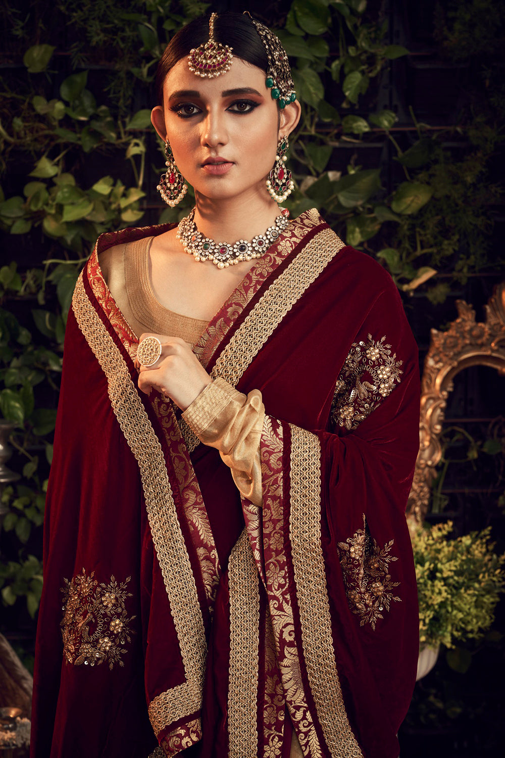 Oxidised Gold Garara Set With Velvet Dupatta Shawl