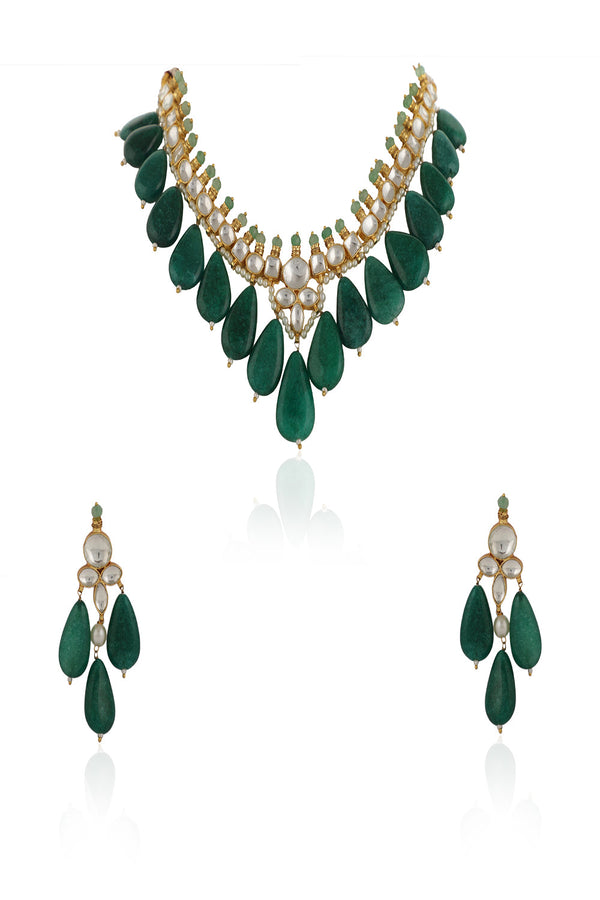 Green & White Green Emerald Leaf Shape Beads White Jadtar Gold Plated Necklace Set