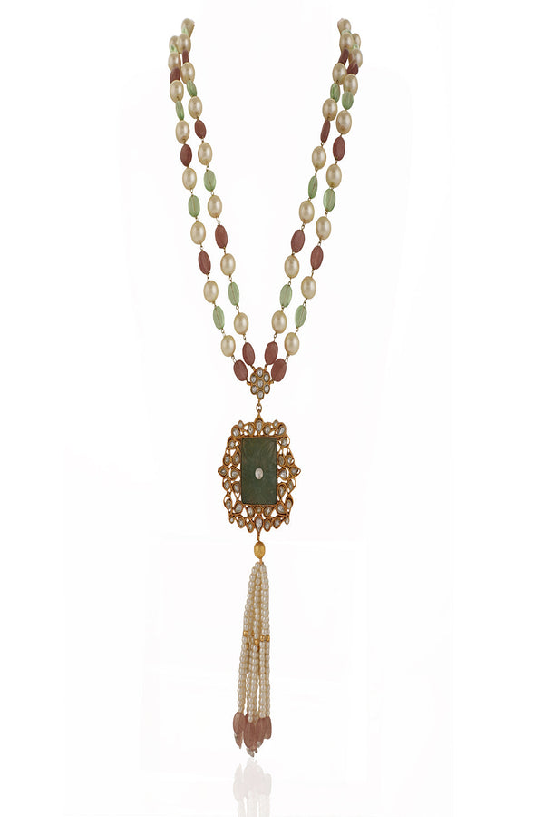 Multicolour Mint Green Pendant Sea Green And Light Pink Beads Long Necklace With White Tassels