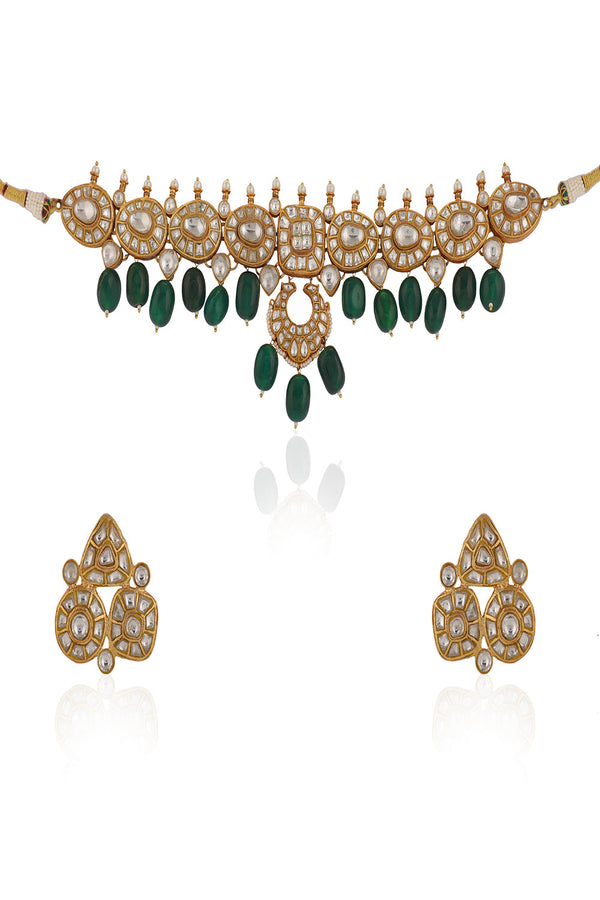 Green & White Indian Wedding Wear White Jadtar Necklace Set With Green Beads