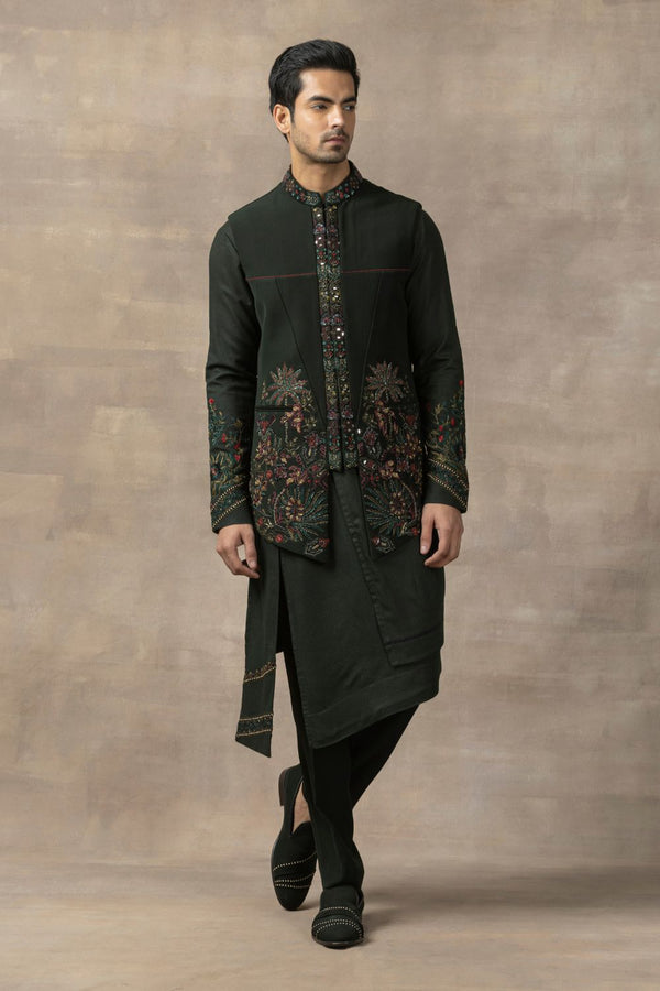 Forest Green Waistcoat With Panel Kurta And Pants