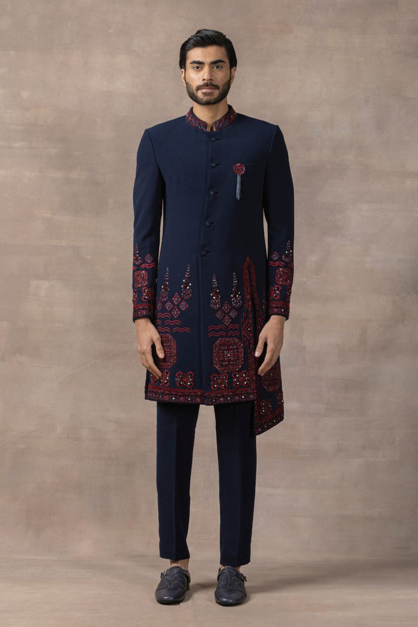 Oxblood Red And Navy Embroiderd Indo-Western