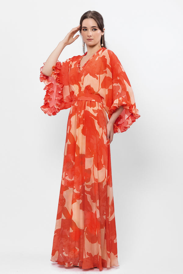 Blazing Saffron Kimono Sleeves Long Dress With Belt