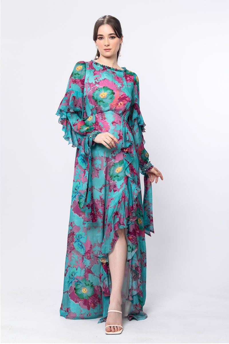 Forest Biome Boat Neck Tie Up Embroidered Sleeve Dress With Frill Detail