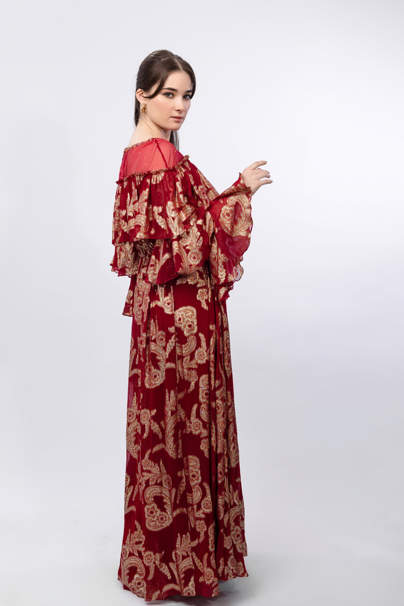 Radiant Red Brasso Ruffled Shoulder Detail Dress