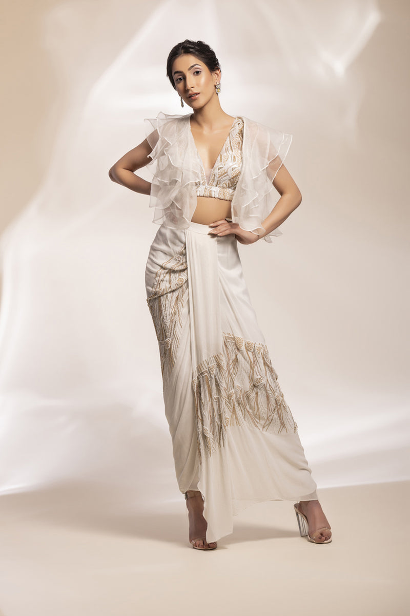 Abstract Cascade Lungi Drape With Organza Ruffle Jacket