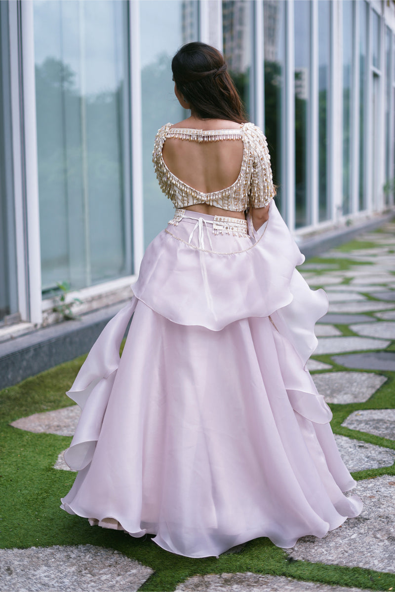Lilac organza lehenga and embroidered blouse