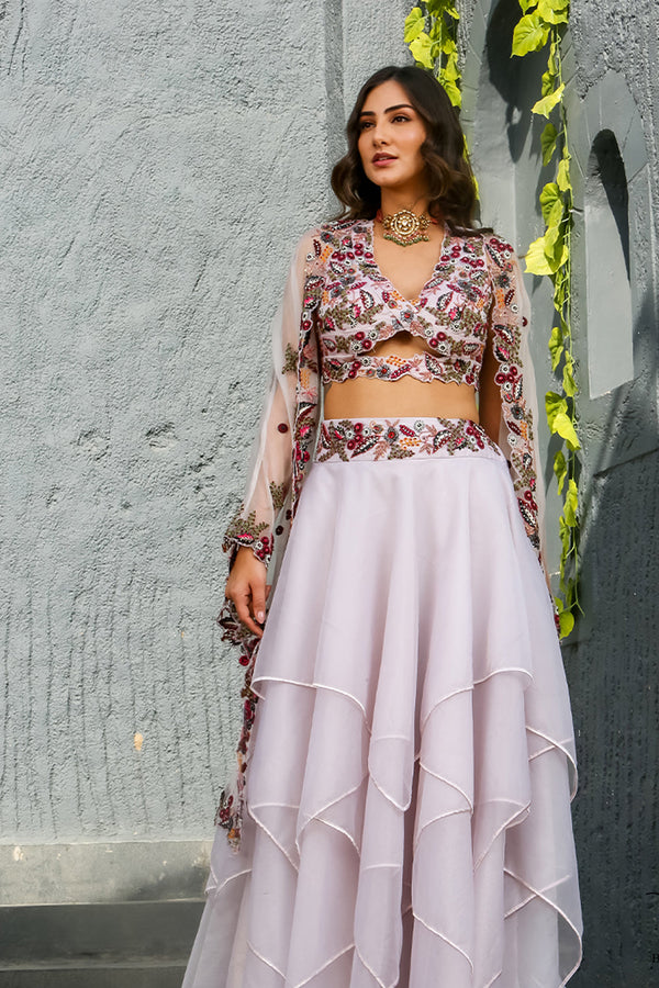 Adira - Embroidered Lavender Cape Skirt Set