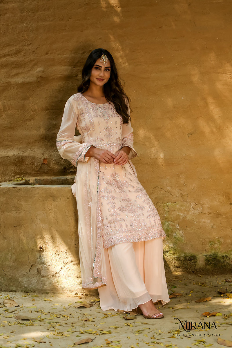 Irana - Peach Embroidered Kurta  Sharara Set