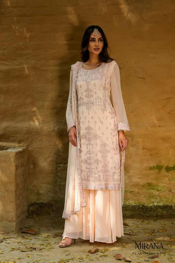 Irana - Peach Embroidered Kurta  Sharara Set