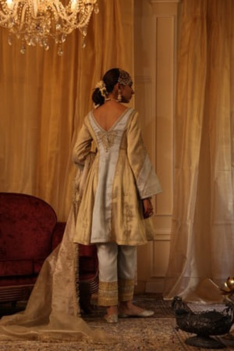 Gold and silver cotton tissue short kurta and straight pants set