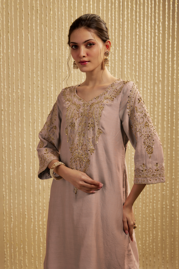 MAUVE PINK SILK CHANDERI SHORT KURTA PANTS SET