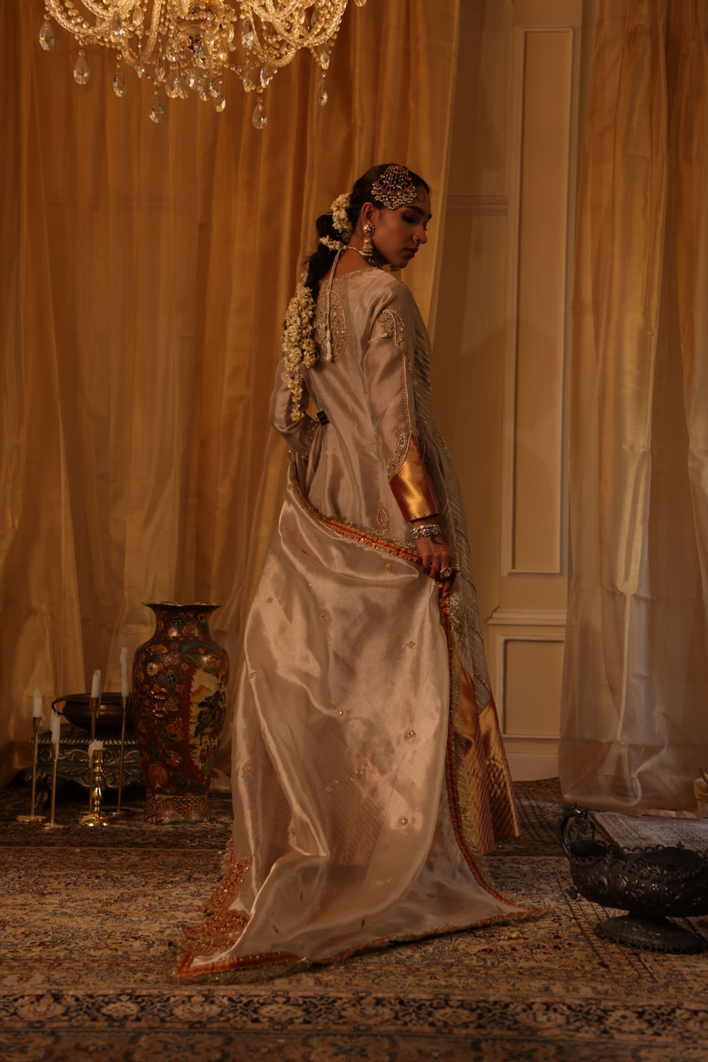 Rose gold pure zari tissue Anarkali set