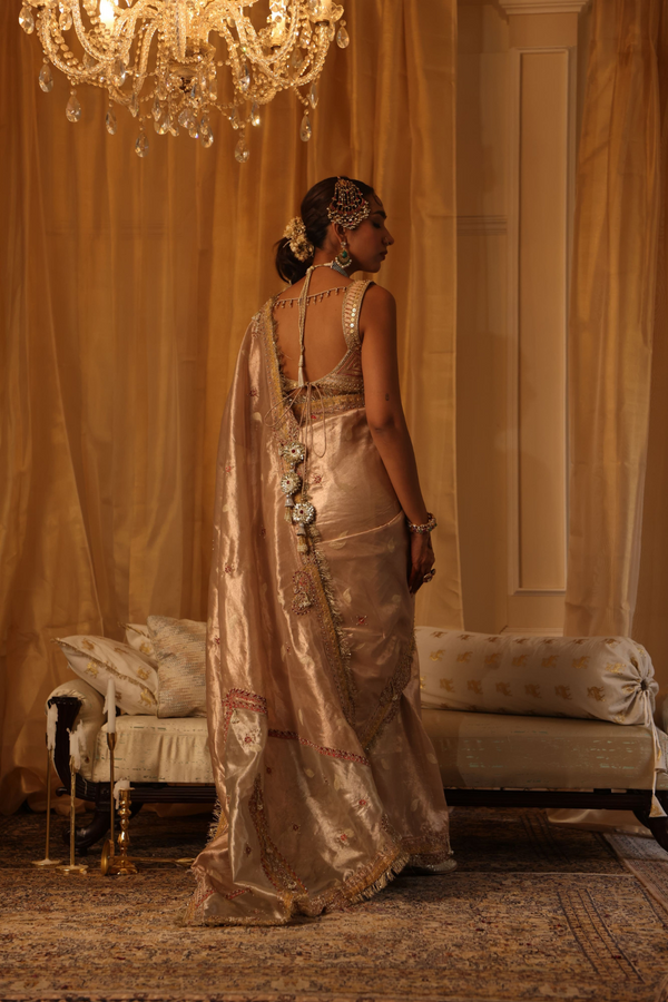 Rose gold 6-yard pure zari tissue saree set