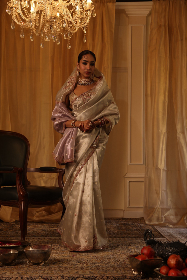 Ivory 6-yard pure zari tissue saree set