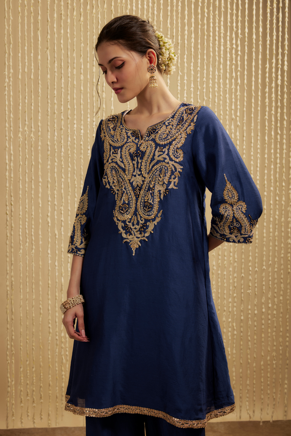 NAVY BLUE SILK CHANDERI SHORT KURTA PANTS SET