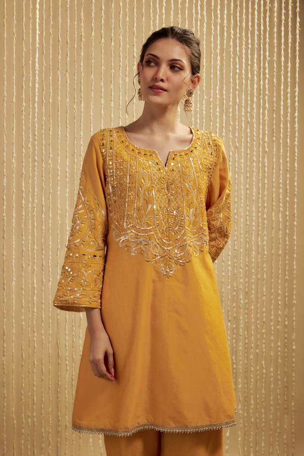 MUSTARD YELLOW SILK CHANDERI SHORT KURTA PANTS SET