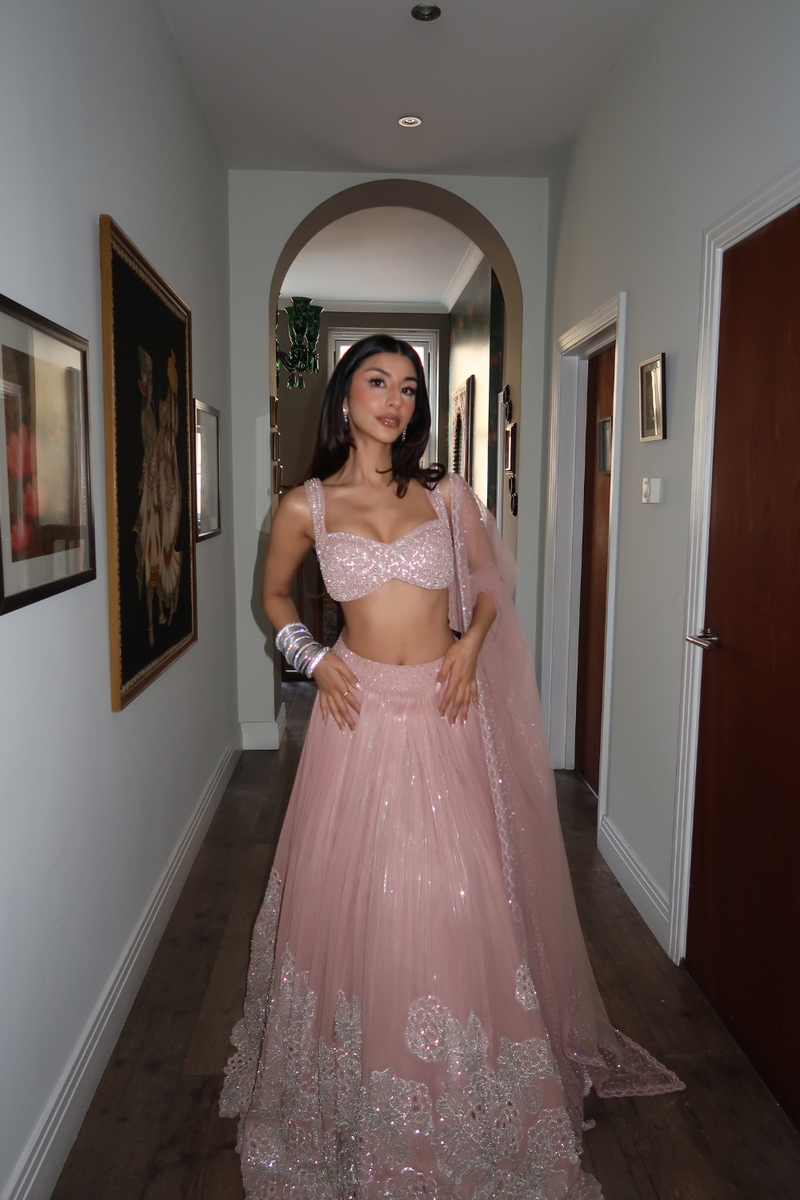 Arch in Blush pink cutwork lehenga