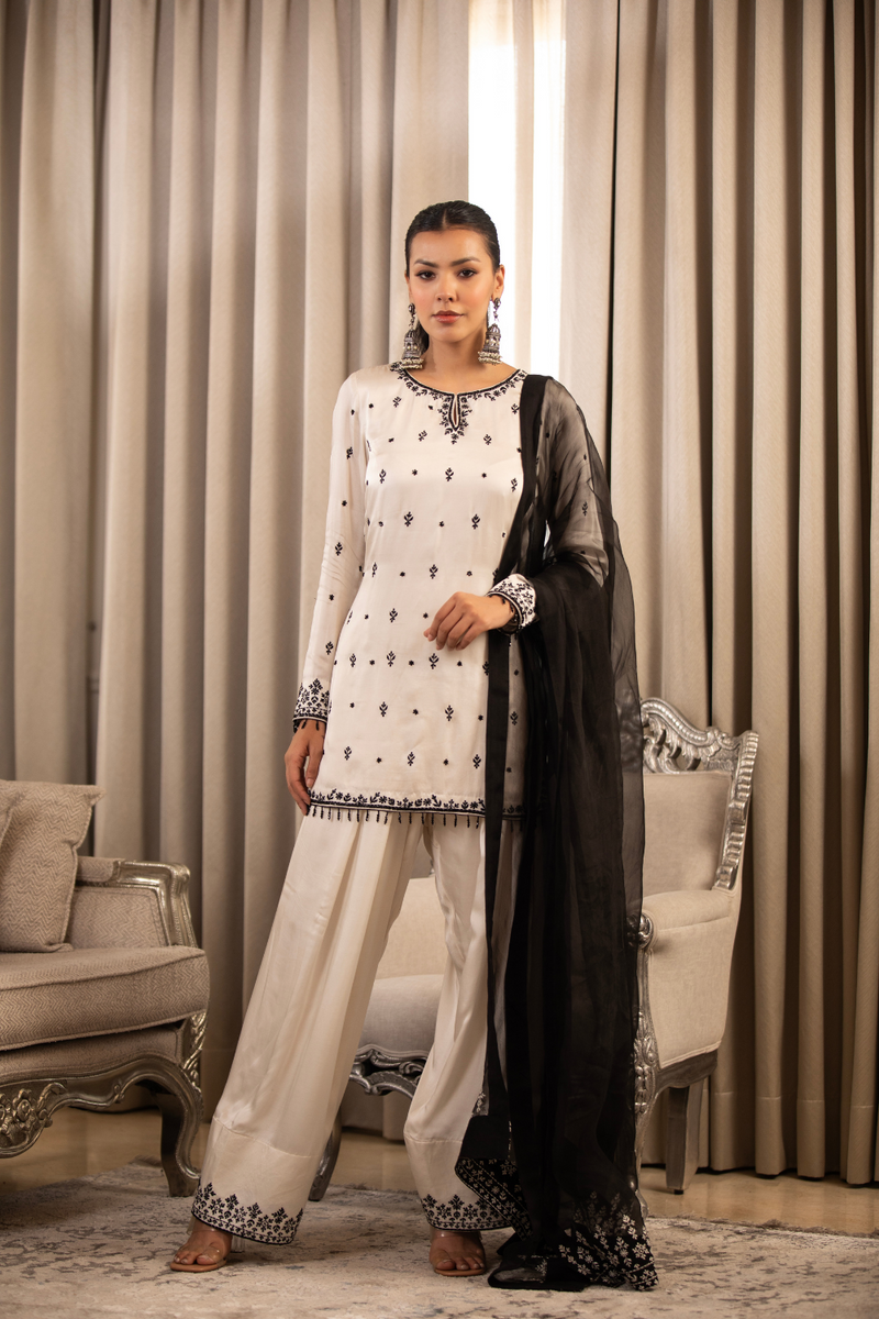 White On Black Dupatta Set