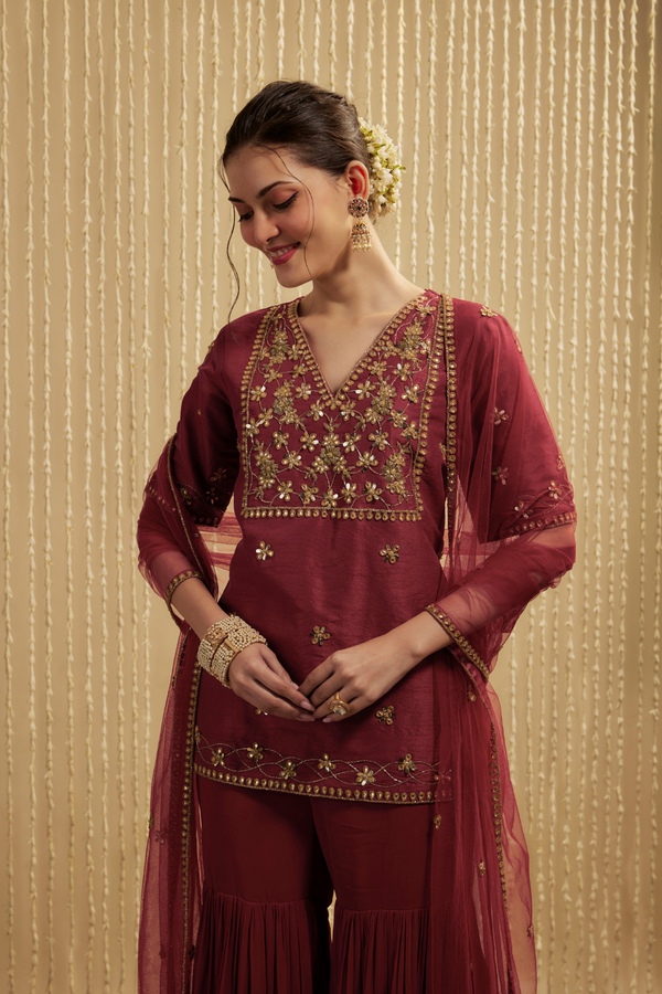 RED SHORT KURTA SHARARA PANTS SET