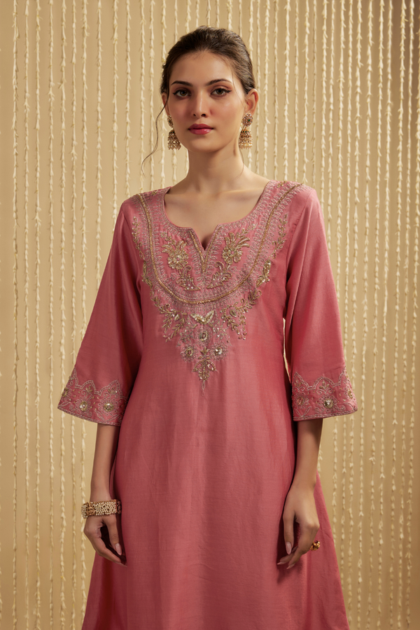 CORAL PINK SILK CHANDERI SHORT KURTA PANTS SET