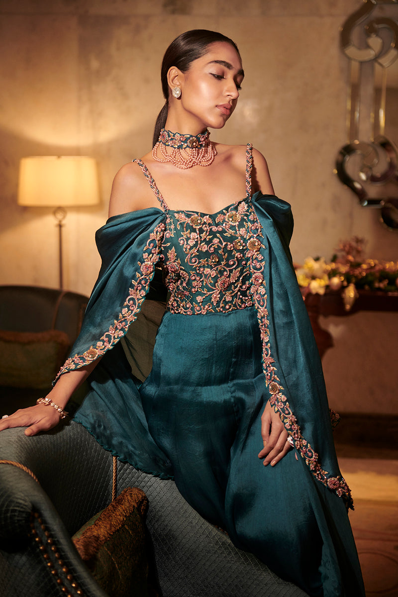 Teal Embroided Jumpsuit with Detachable Organza Dupatta