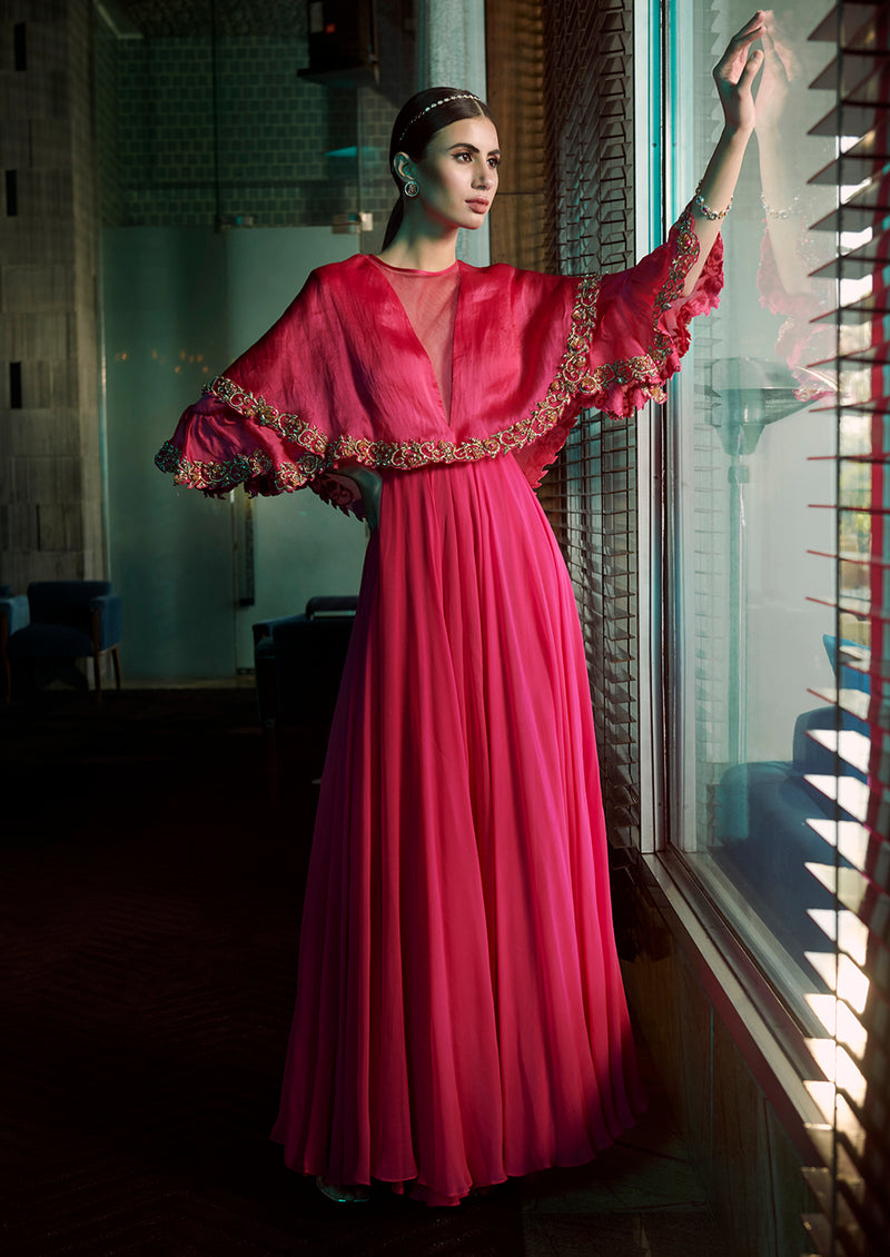 Persian Rose Cowl One Piece Gown with Detachable Palla