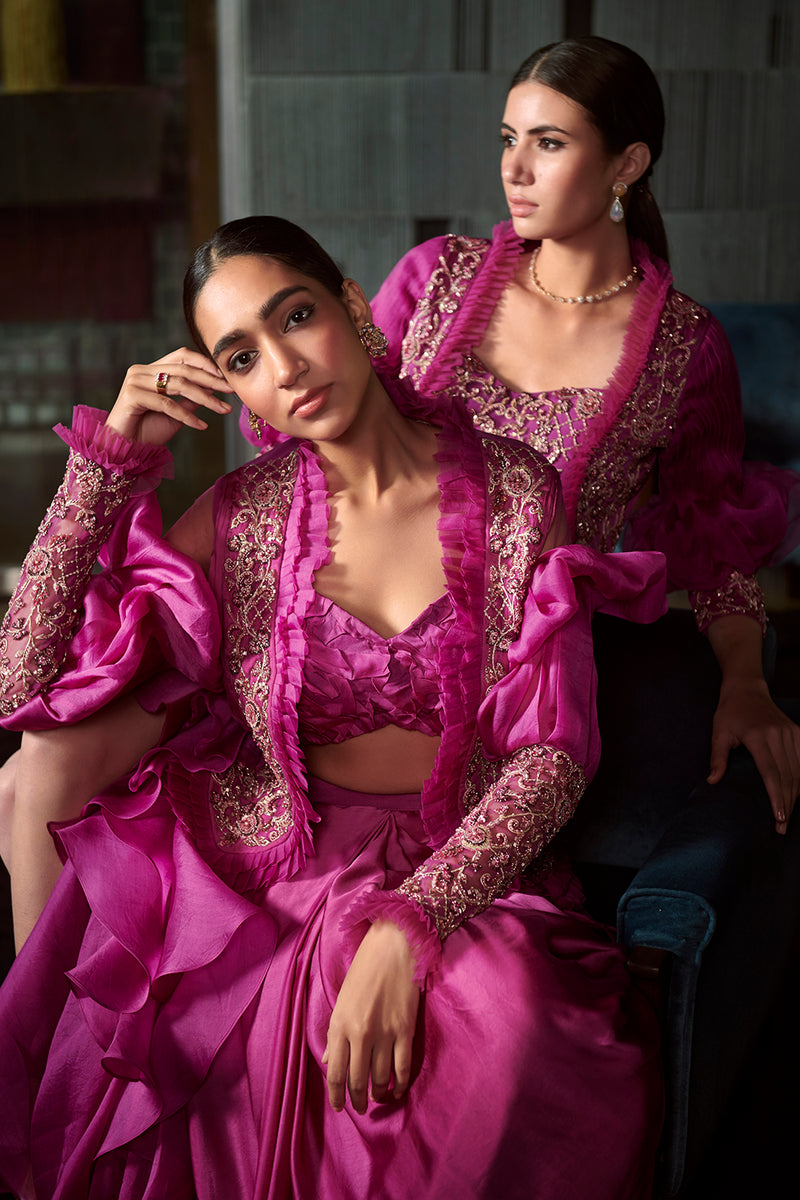 Fuschia Drape Saree with an Embroided Ruffled Jacket with a Detchable Palla