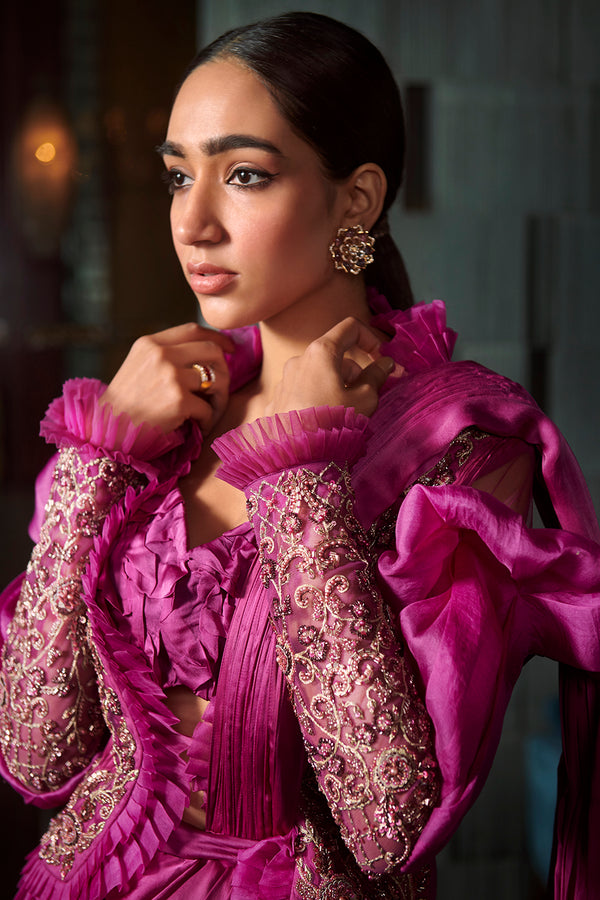 Fuschia Drape Saree with an Embroided Ruffled Jacket with a Detchable Palla
