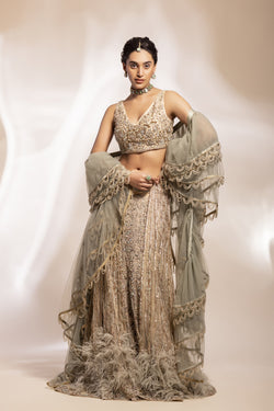 Ivory And Sage Green Embroidered Bridal Lehanga With Train And Ruffle Scarf.
