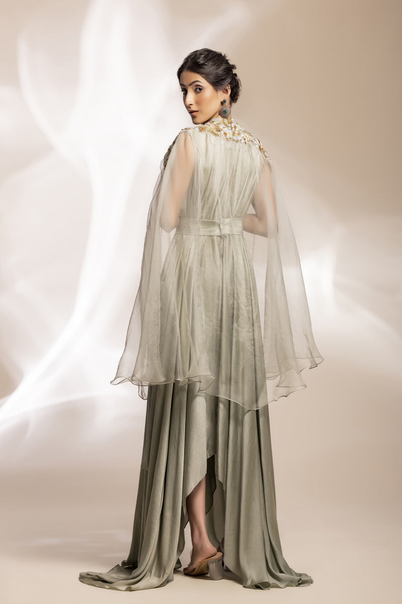 Sage Green Modal Satin Drape With Embroidered Tulle Cape.