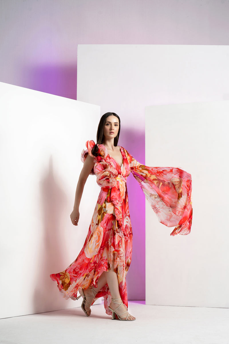 Ultra Peony Corsage Pleated Yoke With Long Gown And Cape Sleeves