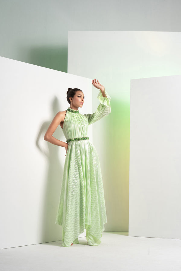 Mint Green Embroidered Heat Pleat Asymmetrical Dress With Embroidered Belt
