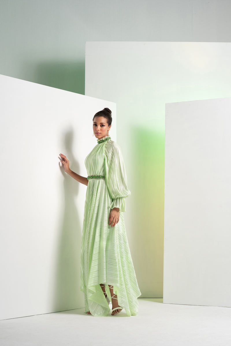 Mint Green Embroidered Heat Pleat Asymmetrical Dress With Embroidered Belt