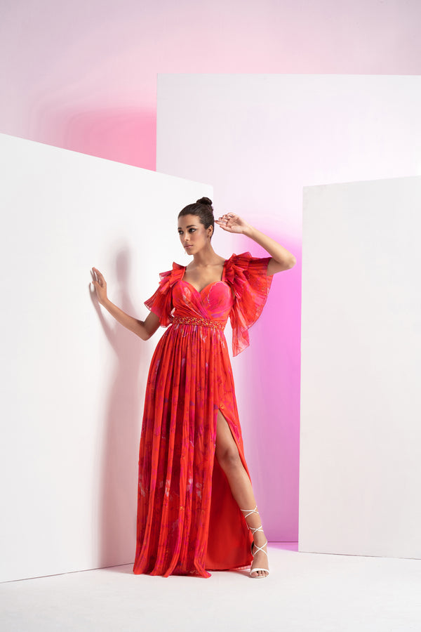 Poppy Red Heat Pleated Long Dress With Separate Embroidered Belt