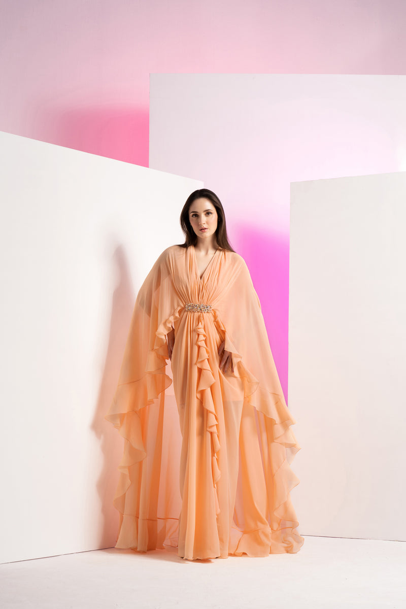Salmon Pink Pleated Frilled Cape Dress