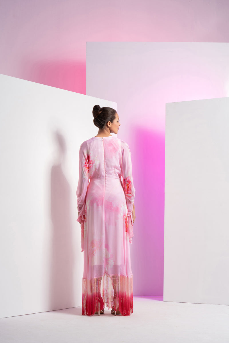 Pink Flutter Kimono Sleeve Asymmetrical Dress With Ombre Fringes