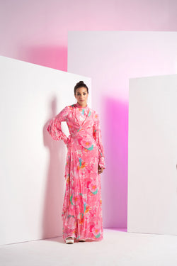 Lush Pink Printed Front Wrap Cowl Asymmetrical Dress