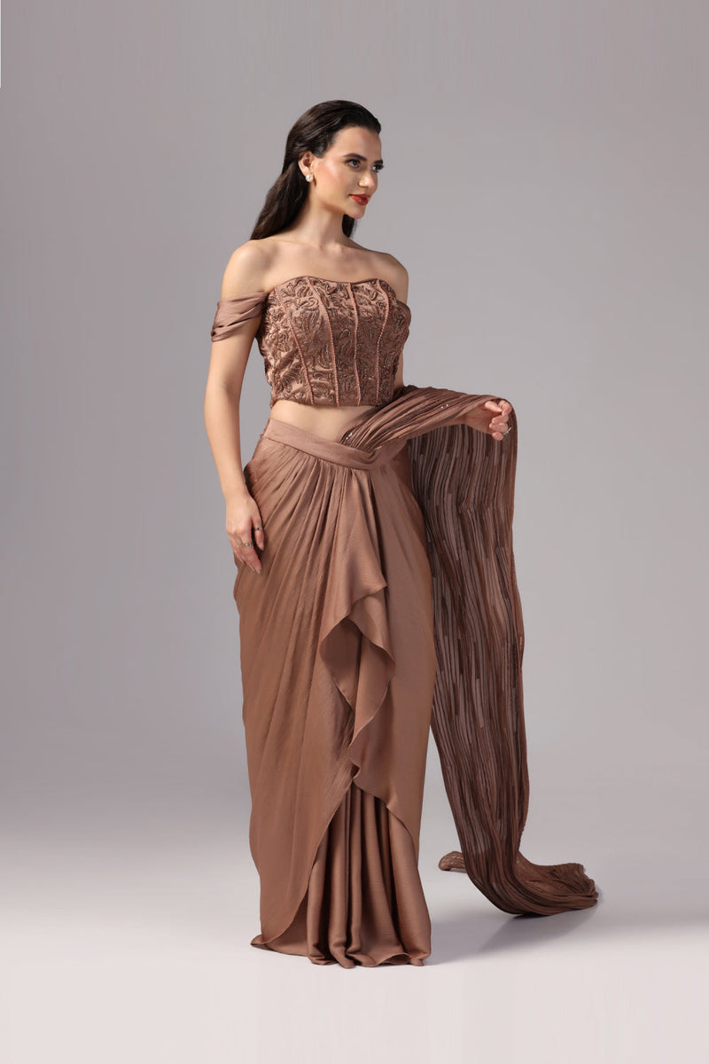 Brown Indo Western Saree