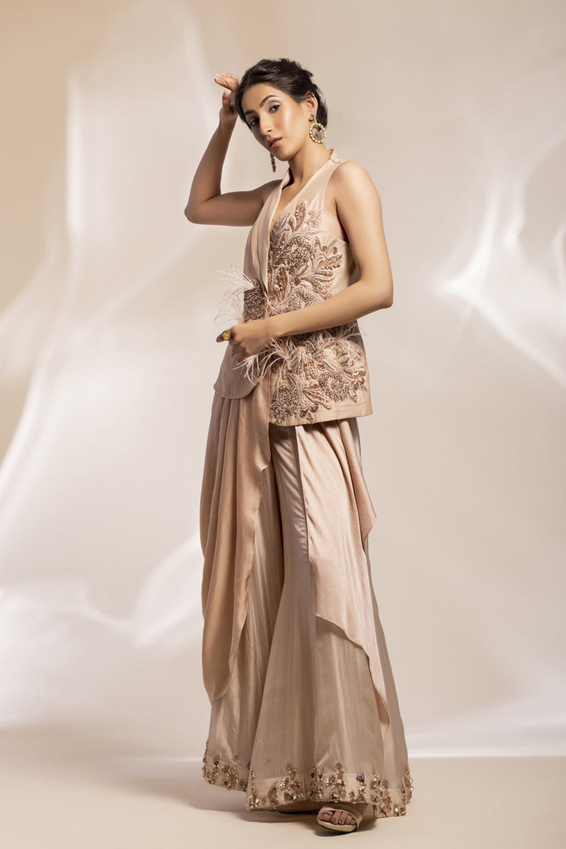 Chiffon Silk Floral Jacket With Feather Accents And Chiffon Sharara