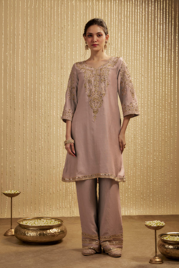 MAUVE PINK SILK CHANDERI SHORT KURTA PANTS SET