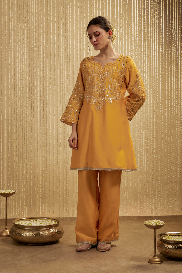 MUSTARD YELLOW SILK CHANDERI SHORT KURTA PANTS SET