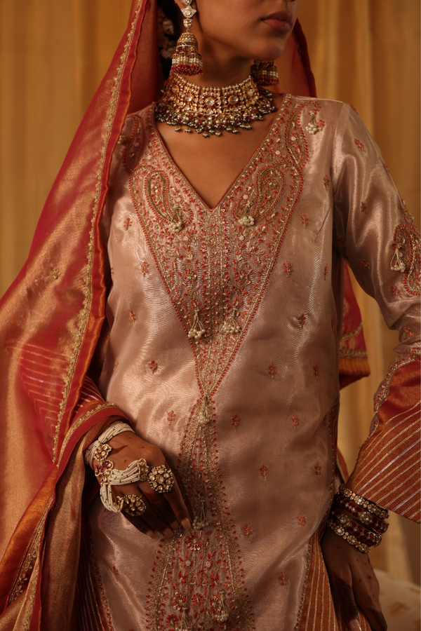 Rose gold pure zari tissue short kurti and sharara set