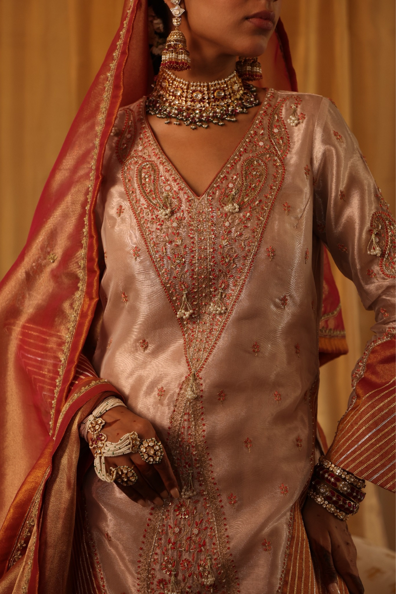 Rose gold pure zari tissue short kurti and sharara set