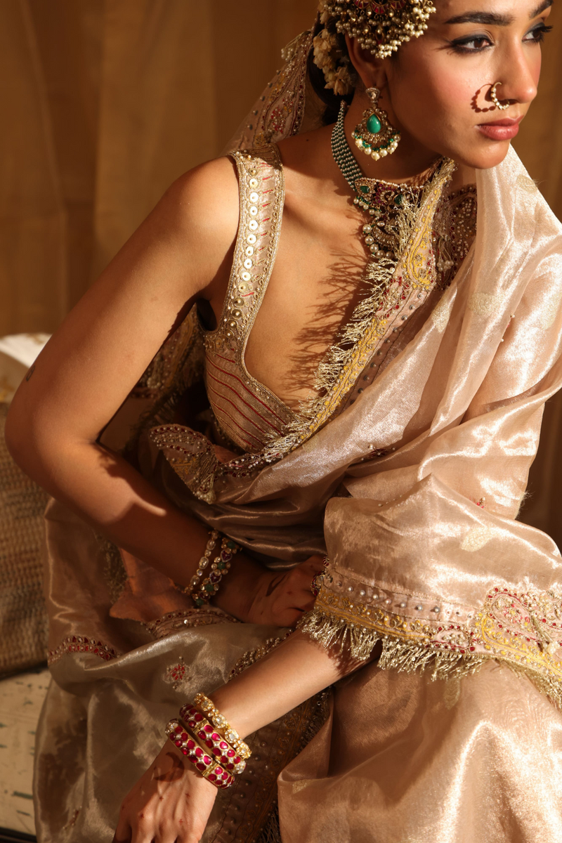 Rose gold 6-yard pure zari tissue saree set