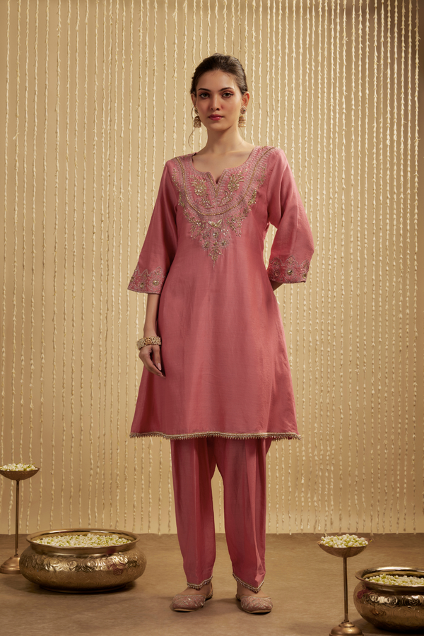 CORAL PINK SILK CHANDERI SHORT KURTA PANTS SET
