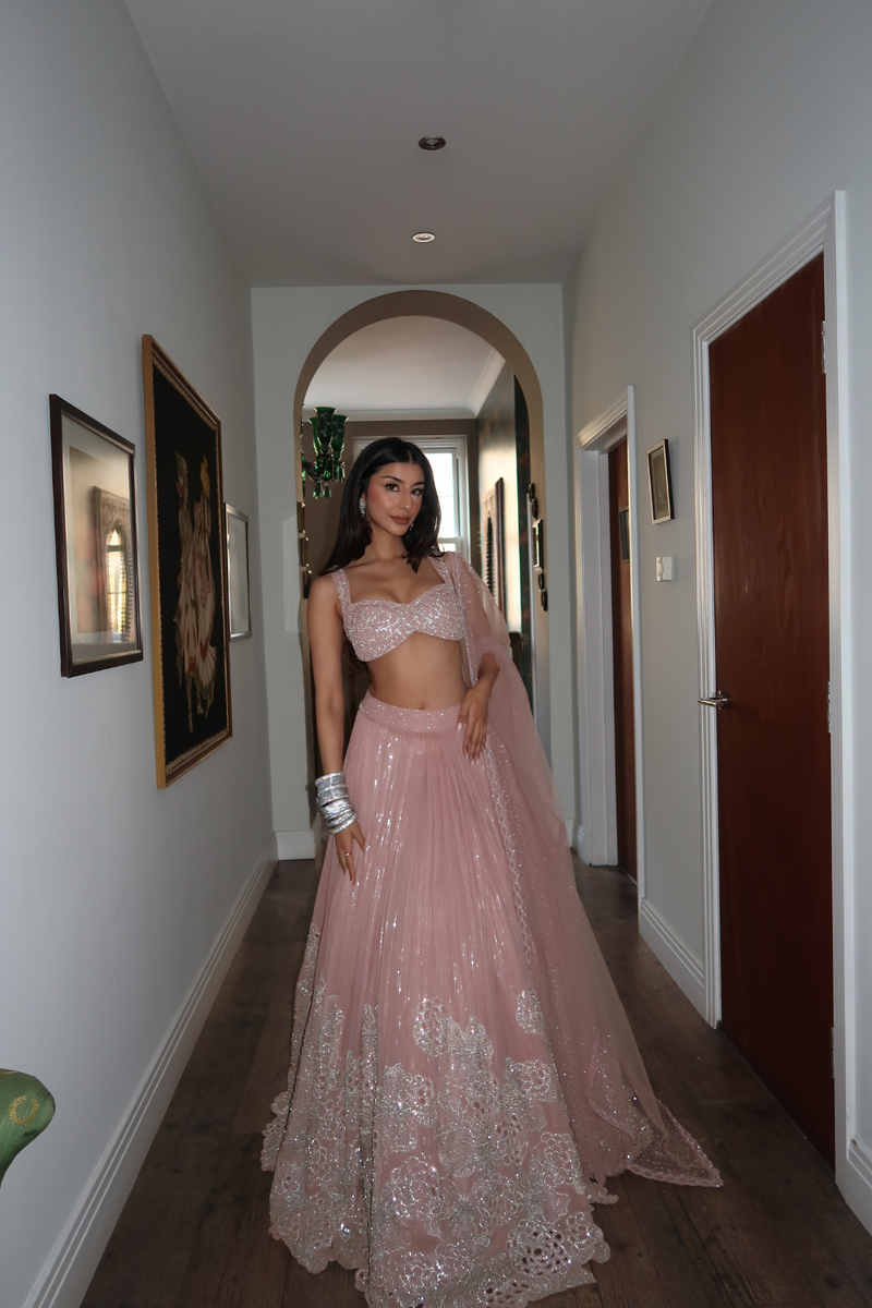 Arch in Blush pink cutwork lehenga