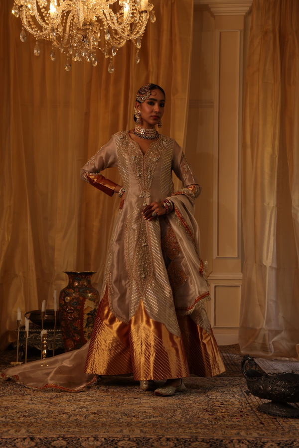 Rose gold pure zari tissue Anarkali set