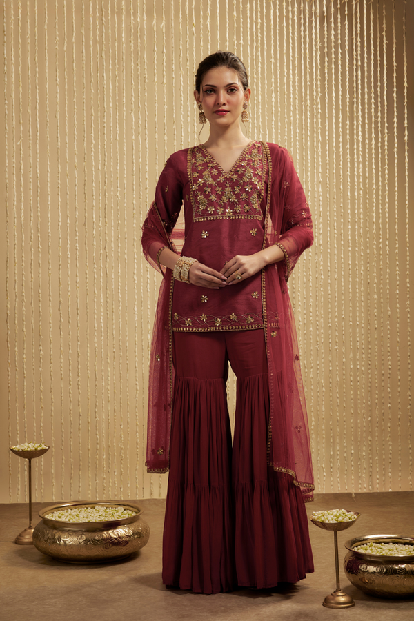 RED SHORT KURTA SHARARA PANTS SET